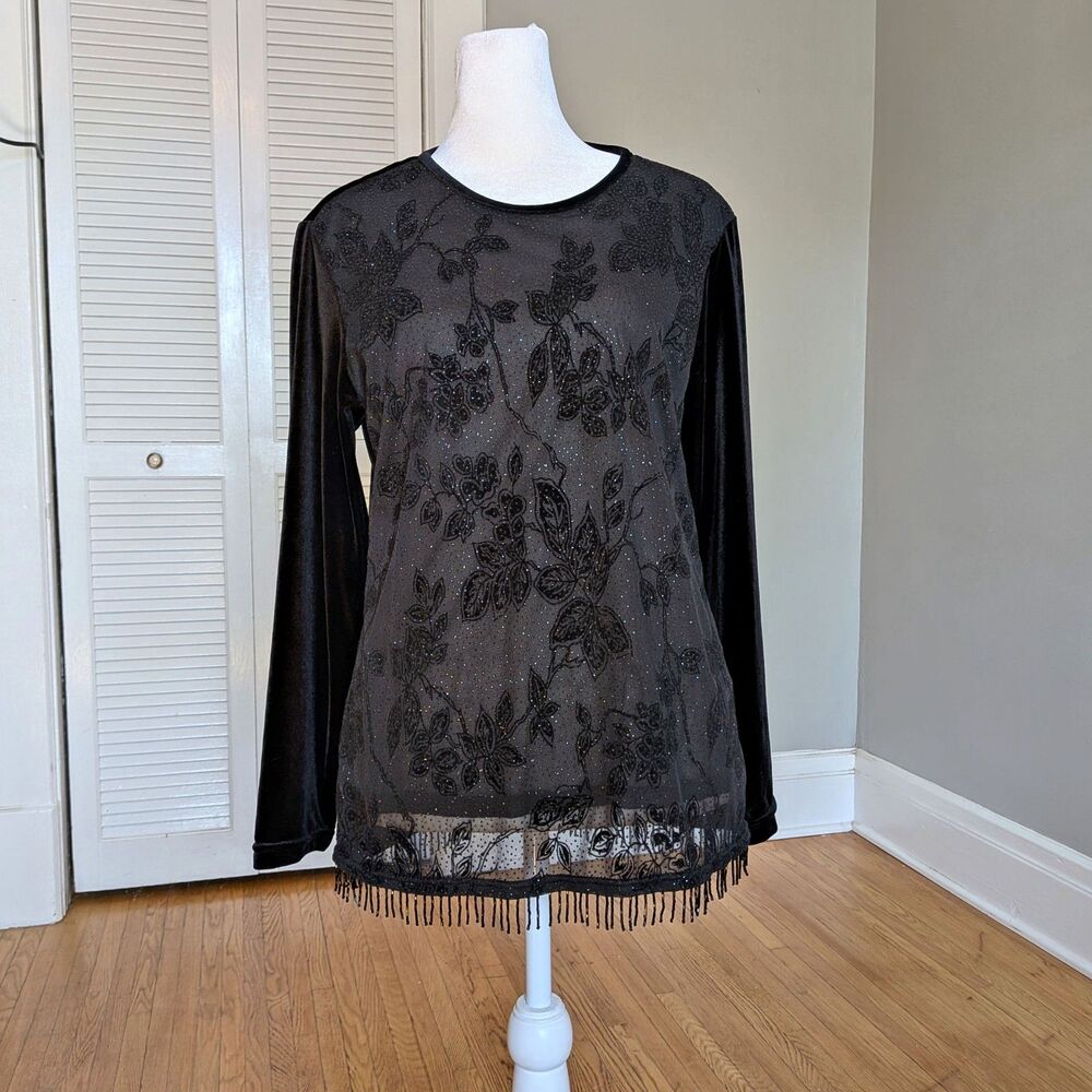 Vintage Y2K Notations Black Velvet Top Beaded Trim Burnout Glitter Whimsigoth